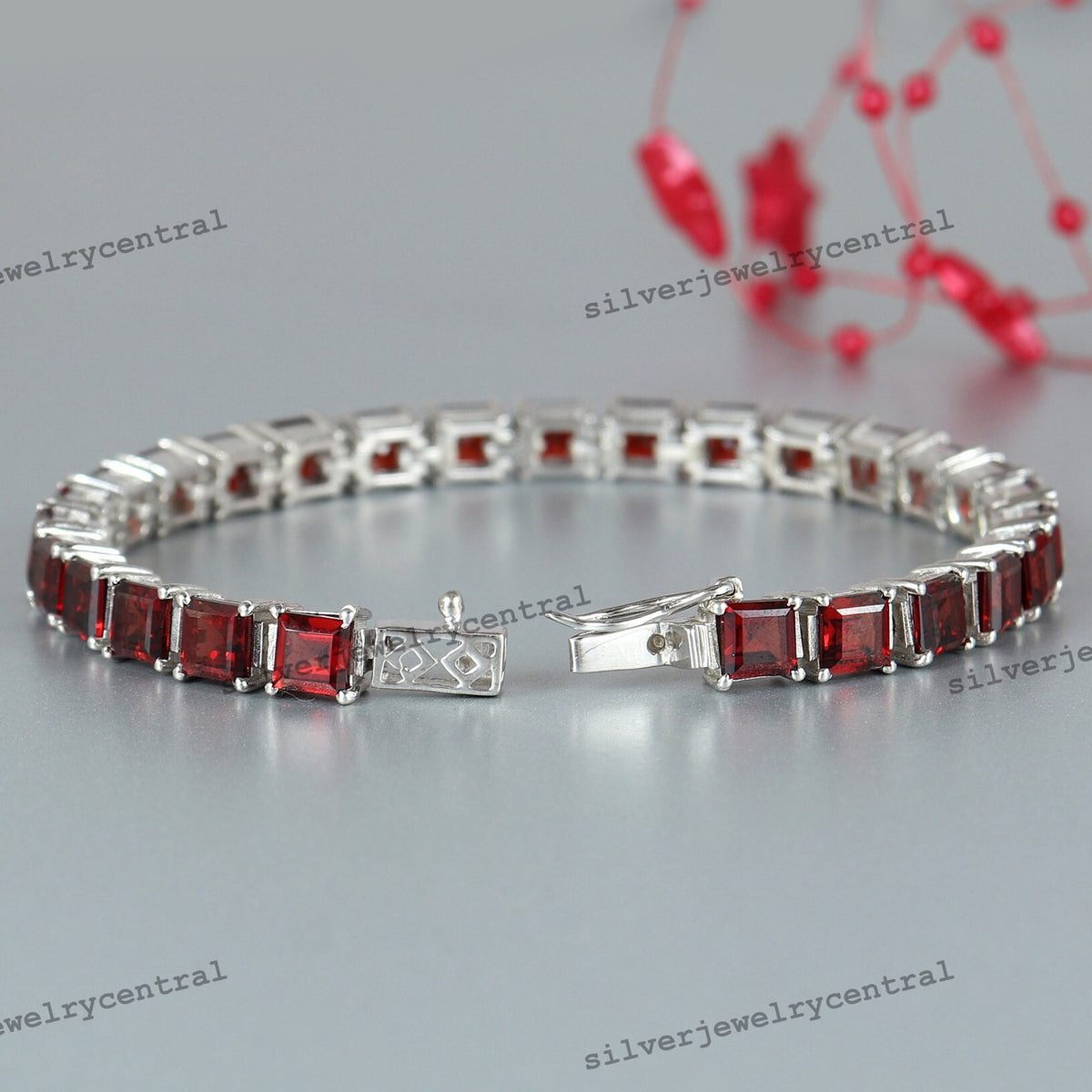 Garnet Tennis Bracelet-925 Sterling Silver Jewelry-Square Cut Garnet-January Birthstone-Handmade Gemstone Bracelet-Gift for Her