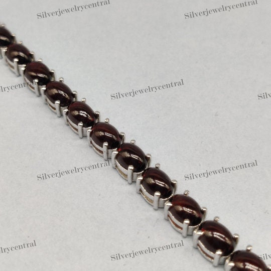 Natural Garnet Tennis Bracelet-925 Sterling Silver Bracelet-Oval Cabochon Bracelet-January Birthstone-Garnet Silver Bracelet-Wedding Gift