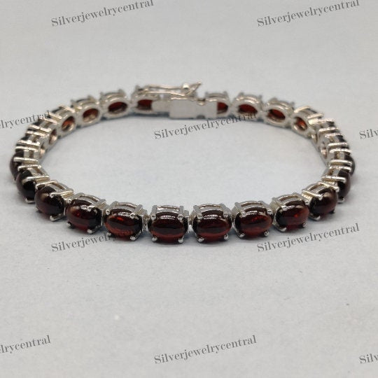 Natural Garnet Tennis Bracelet-925 Sterling Silver Bracelet-Oval Cabochon Bracelet-January Birthstone-Garnet Silver Bracelet-Wedding Gift