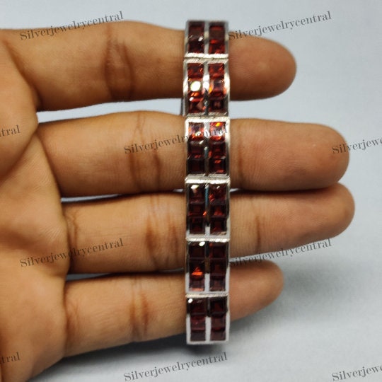 Natural Garnet Square Gemstone Tennis Bracelet-925 Sterling Silver Bracelet-January Birthstone-Wedding Bracelet-Bridal Bracelet-Gift for Her