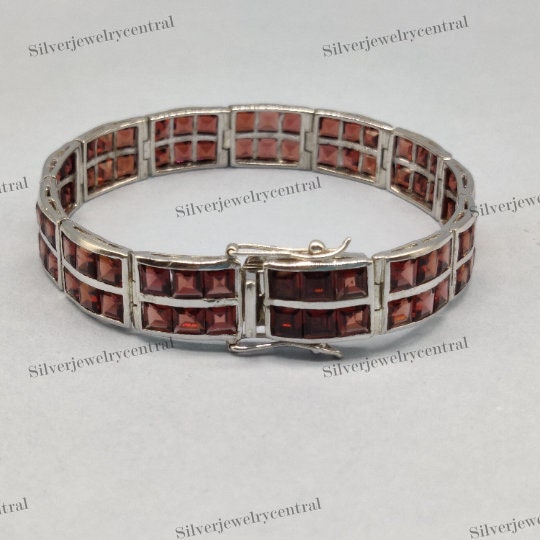 Natural Garnet Square Gemstone Tennis Bracelet-925 Sterling Silver Bracelet-January Birthstone-Wedding Bracelet-Bridal Bracelet-Gift for Her