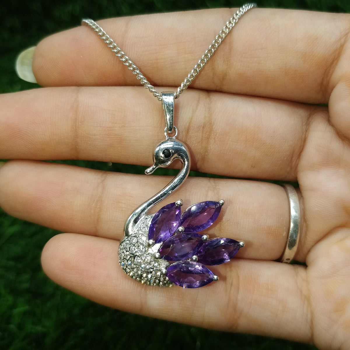 Natural Amethyst Gemstone Swan Pendant Marquise Cut February Birthstone Handmade Jewelry