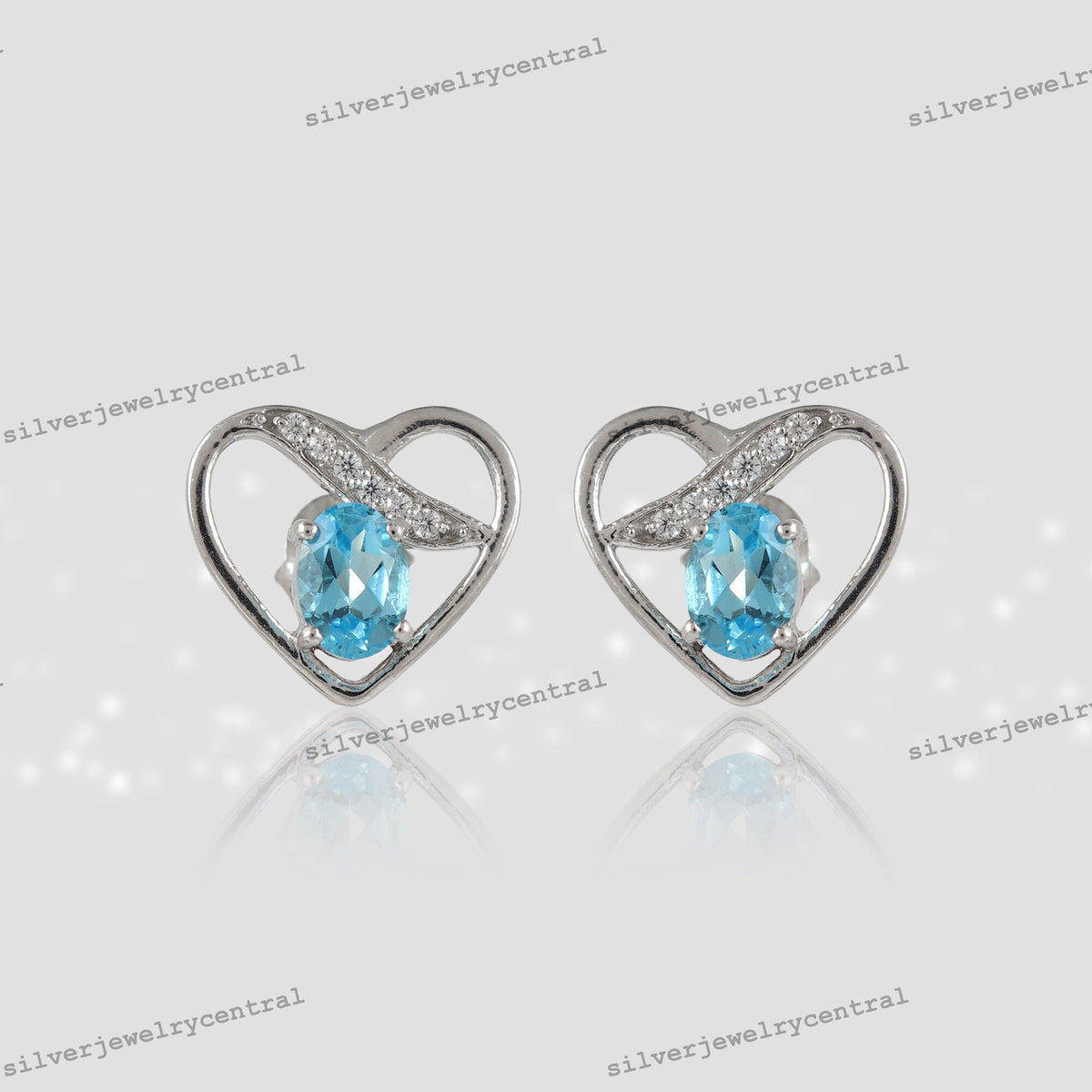 Sterling Silver Blue Topaz Heart Stud Earrings, December Birthstone Jewelry