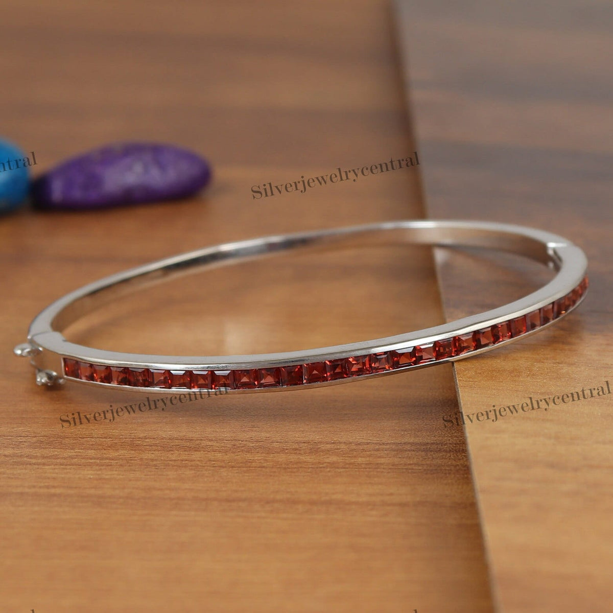 Natural Garnet Bangle: 925 Sterling Silver January Birthstone