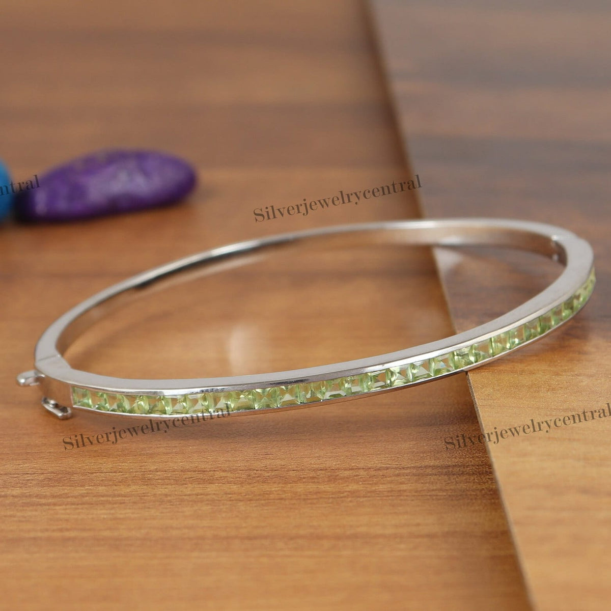 Natural Peridot Bangle-Square Cut Gemstone Bangle-925 Sterling Silver Jewelry-August Birthstone-Green Peridot Jewelry-Anniversary Gift