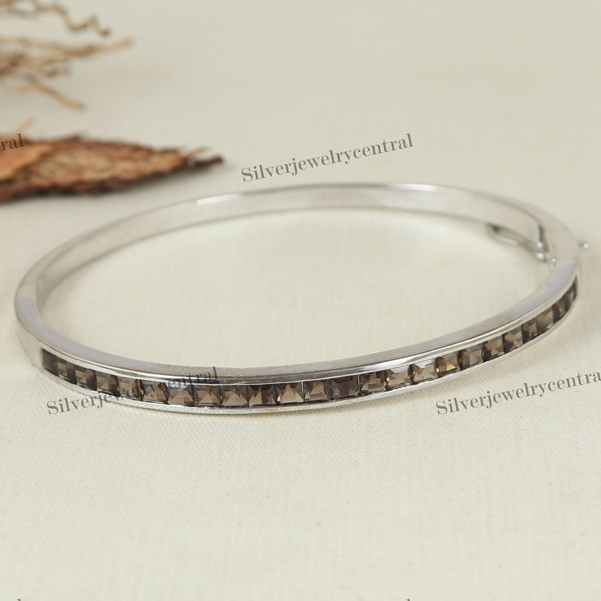 Smoky Quartz Bangle, Sterling Silver, November Birthstone, Square Brown Gemstone Jewelry, Gift for Anniversary