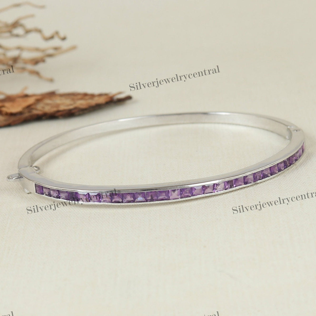 Sterling Silver Amethyst Bangle: Square Cut February Birthstone