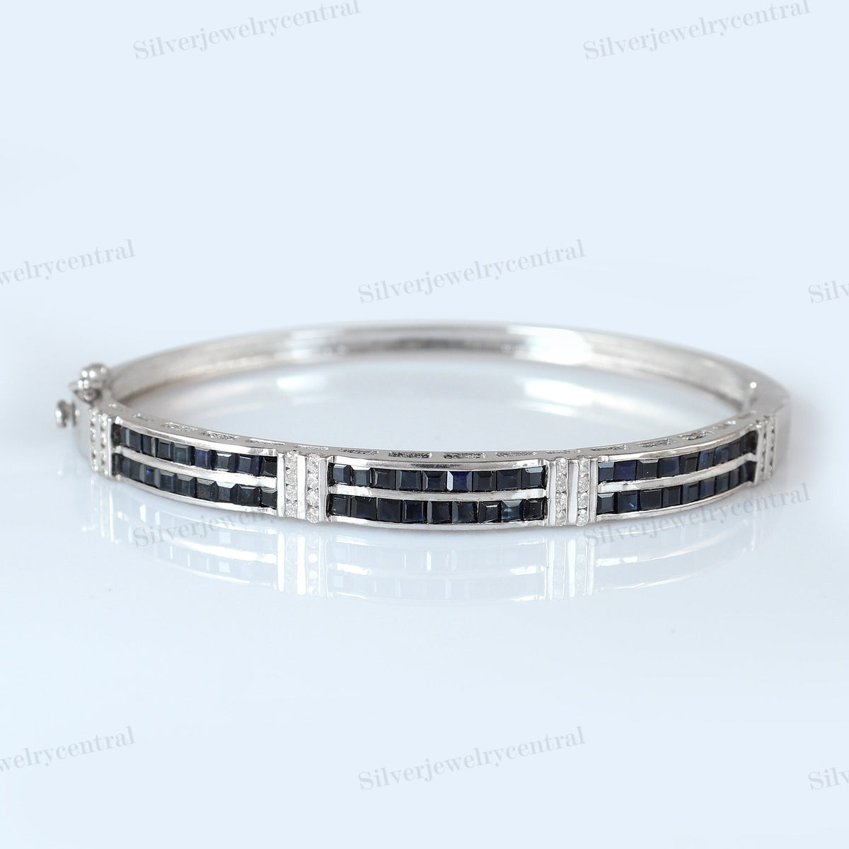Natural Blue Sapphire Bangle, Sterling Silver, September Birthstone, Handmade Square Sapphire Jewelry, Anniversary Gift