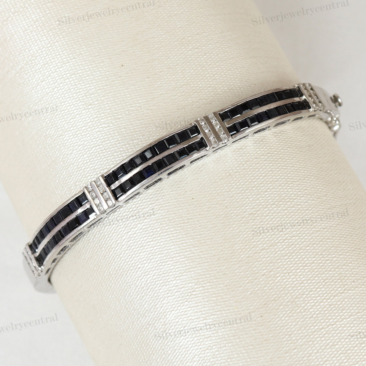 Natural Blue Sapphire Bangle, Sterling Silver, September Birthstone, Handmade Square Sapphire Jewelry, Anniversary Gift