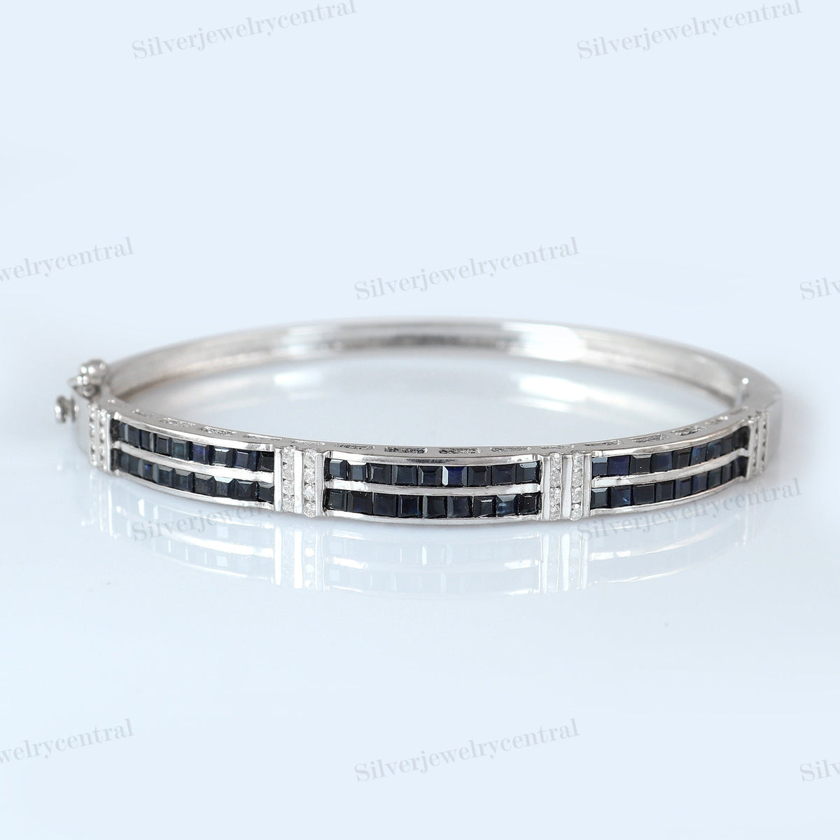 Natural Blue Sapphire Bangle, Sterling Silver, September Birthstone, Handmade Square Sapphire Jewelry, Anniversary Gift