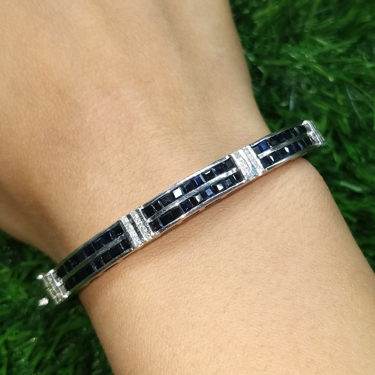 Natural Blue Sapphire Bangle, Sterling Silver, September Birthstone, Handmade Square Sapphire Jewelry, Anniversary Gift