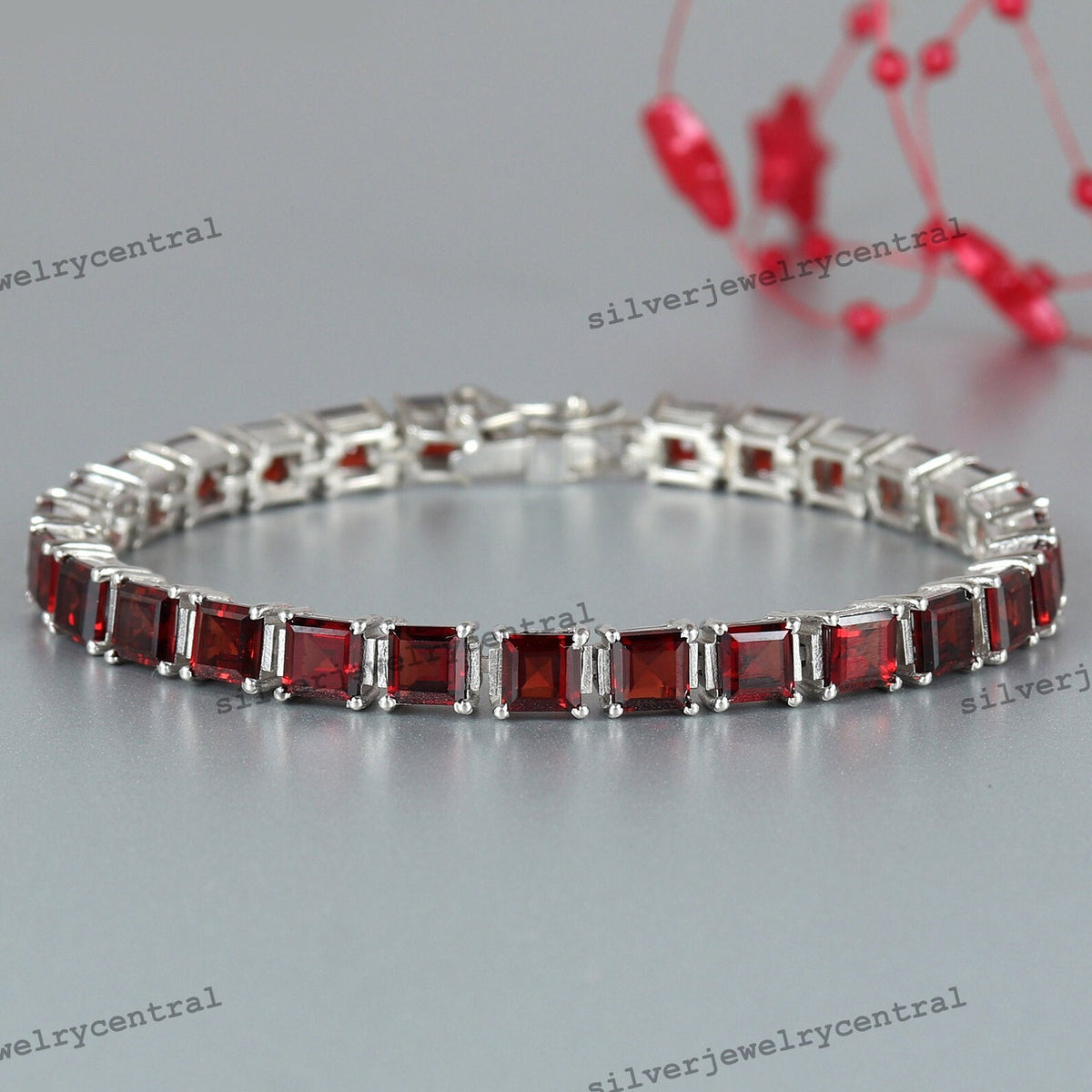 Garnet Tennis Bracelet-925 Sterling Silver Jewelry-Square Cut Garnet-January Birthstone-Handmade Gemstone Bracelet-Gift for Her