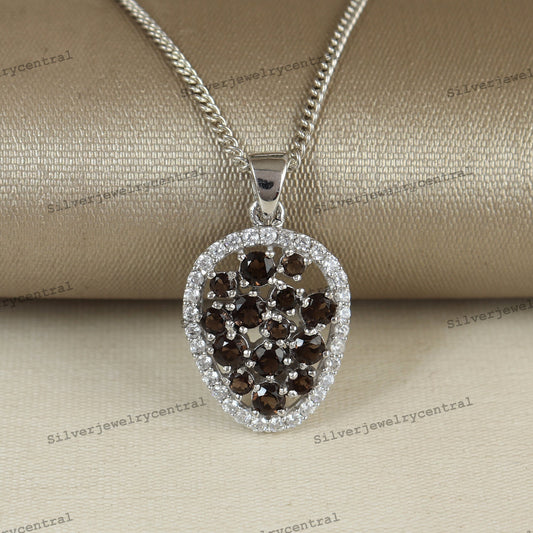 Smoky Quartz Pendant-925 Sterling Silver Chain-November Birthstone-Smoky Quartz Jewelry-Cluster Pendant-Wedding Gift-Women's Pendant