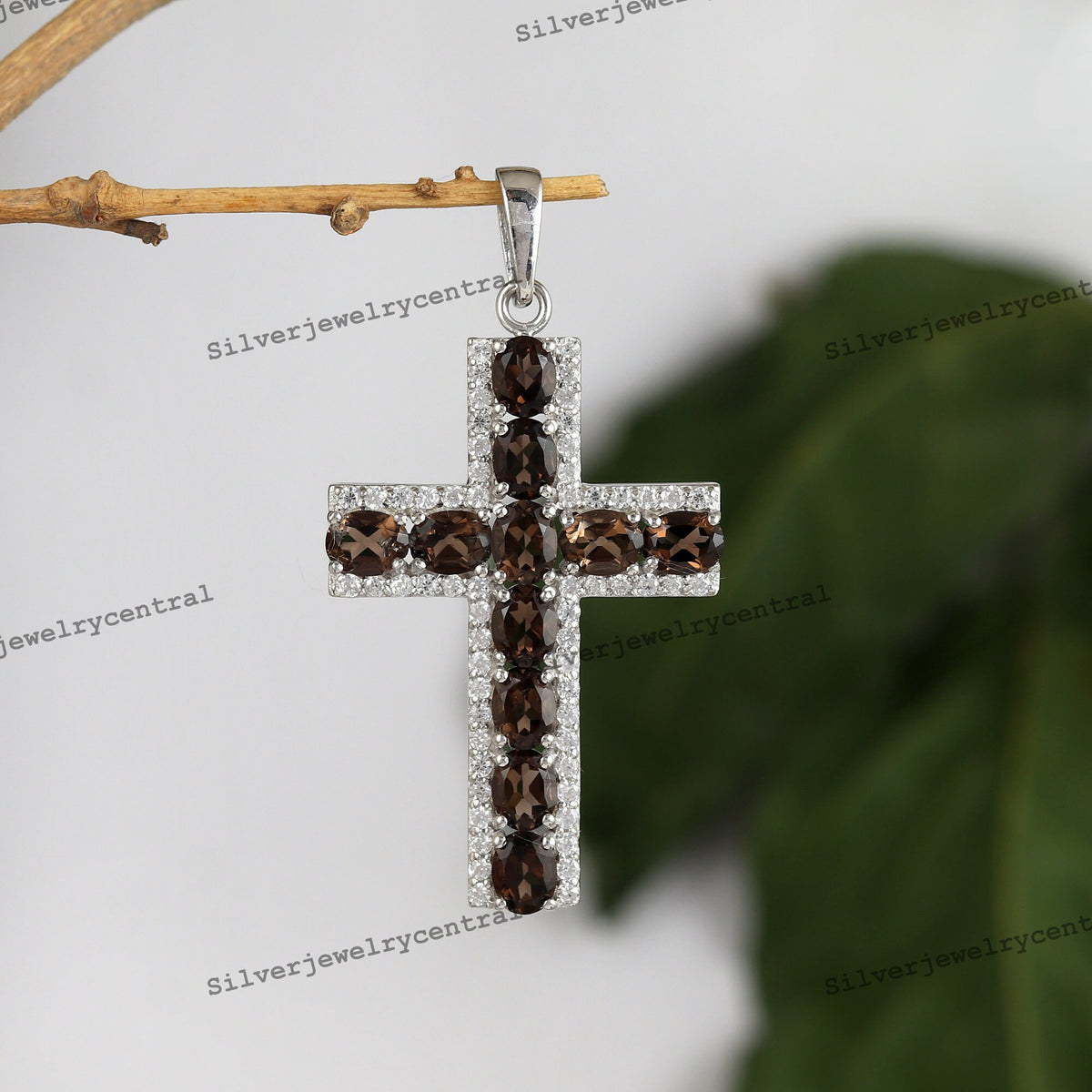 Smoky Quartz Cross Pendant: 925 Sterling Silver Holy Jewelry