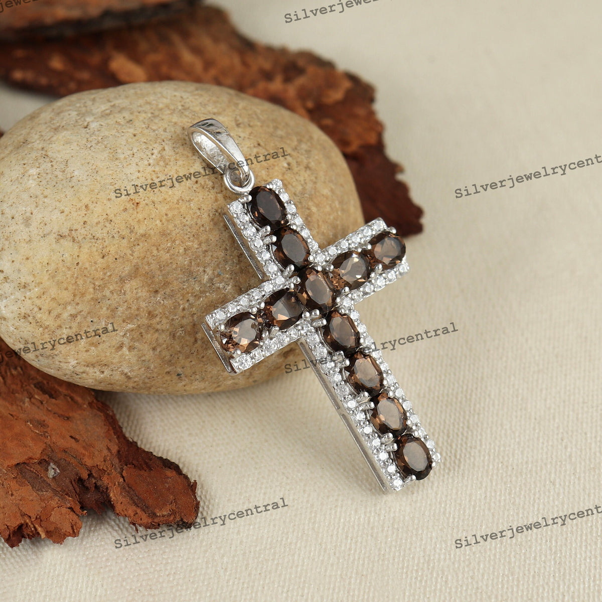 Smoky Quartz Cross Pendant: 925 Sterling Silver Holy Jewelry
