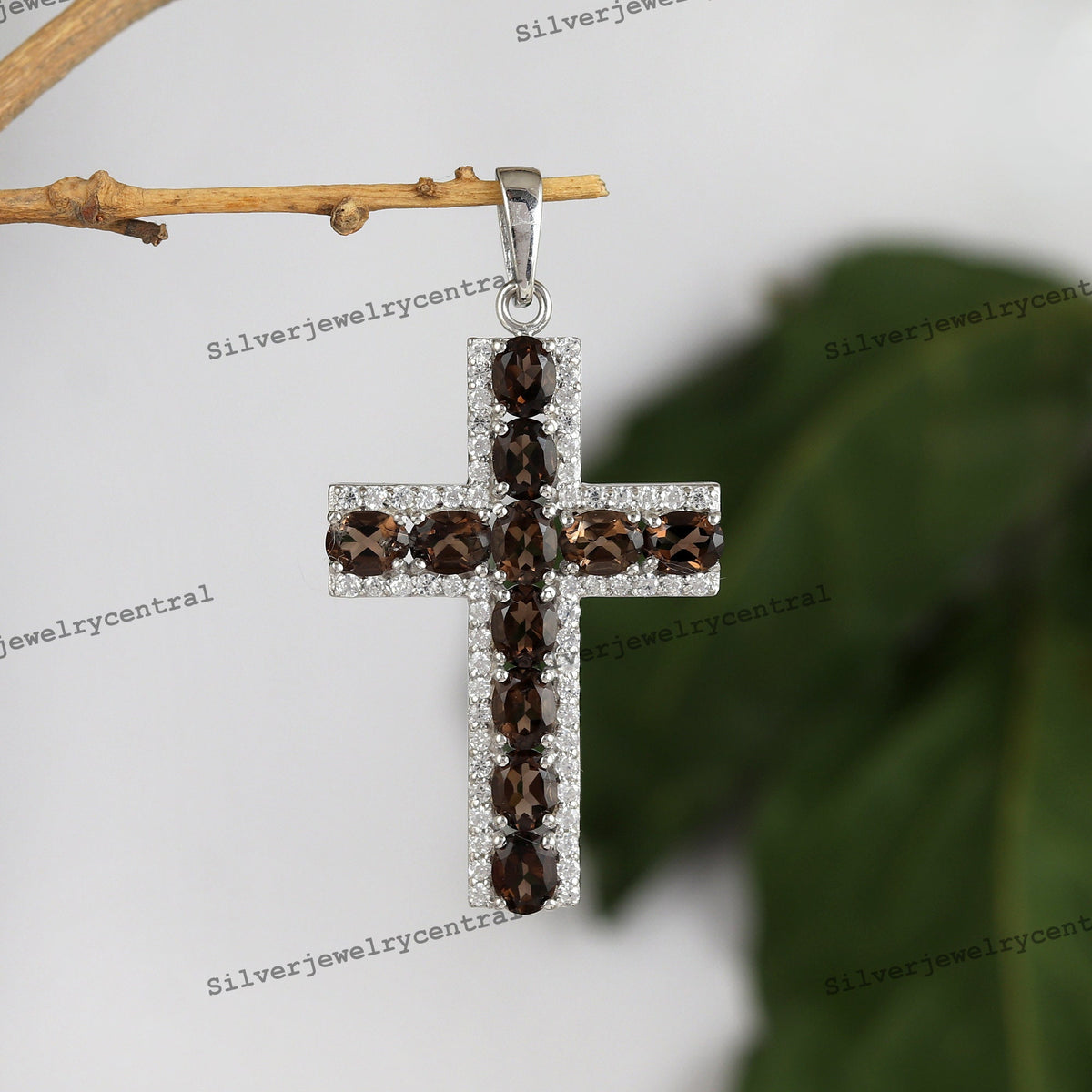 Smoky Quartz Cross Pendant: 925 Sterling Silver Holy Jewelry