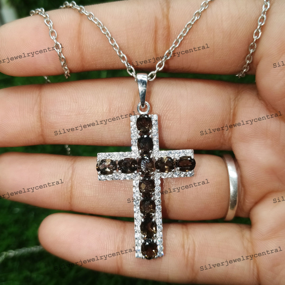 Smoky Quartz Cross Pendant: 925 Sterling Silver Holy Jewelry