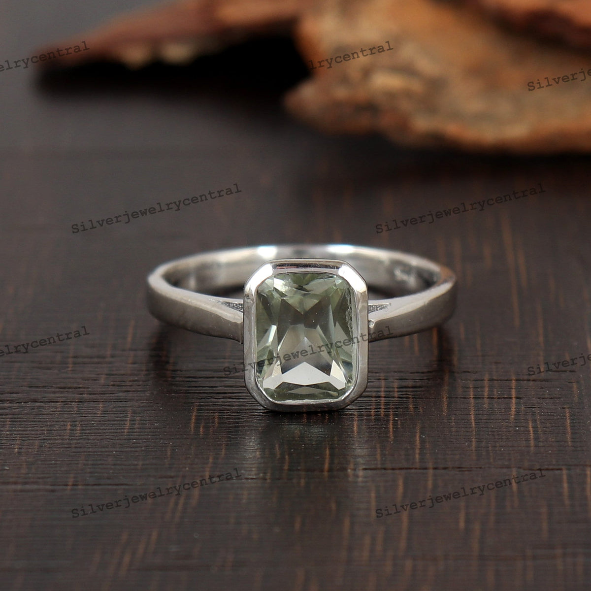 Green Amethyst Octagon Ring, Sterling Silver Boho Handmade Jewelry