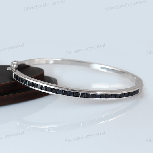 Natural Blue Sapphire Bangle-Square Sapphire Bangle-925 Sterling Silver-September Birthstone-Sapphire Gemstone Jewelry