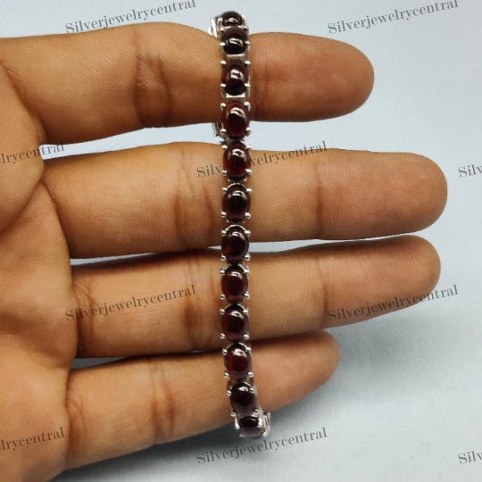 Natural Garnet Tennis Bracelet-925 Sterling Silver Bracelet-Oval Cabochon Bracelet-January Birthstone-Garnet Silver Bracelet-Wedding Gift