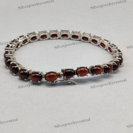Natural Garnet Tennis Bracelet-925 Sterling Silver Bracelet-Oval Cabochon Bracelet-January Birthstone-Garnet Silver Bracelet-Wedding Gift