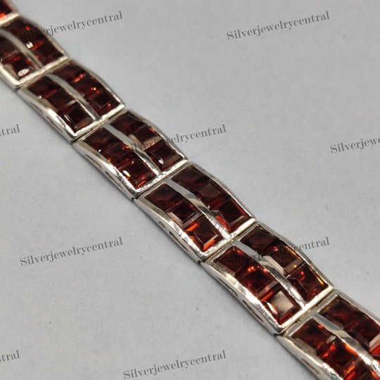 Natural Garnet Square Gemstone Tennis Bracelet-925 Sterling Silver Bracelet-January Birthstone-Wedding Bracelet-Bridal Bracelet-Gift for Her
