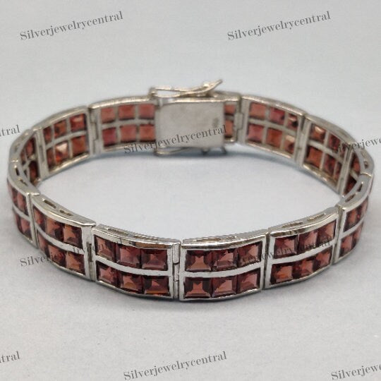 Natural Garnet Square Gemstone Tennis Bracelet-925 Sterling Silver Bracelet-January Birthstone-Wedding Bracelet-Bridal Bracelet-Gift for Her