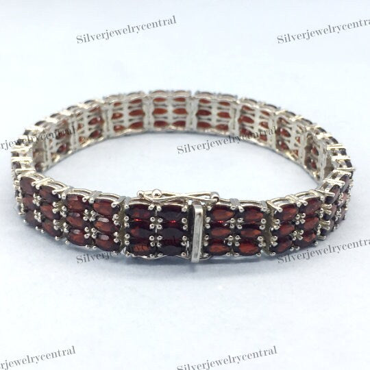 Natural Garnet Bracelet-Oval Gemstone-925 Sterling Silver Jewelry-January Birthstone Jewelry-Silver Tennis Bracelet-Gift for Anniversary