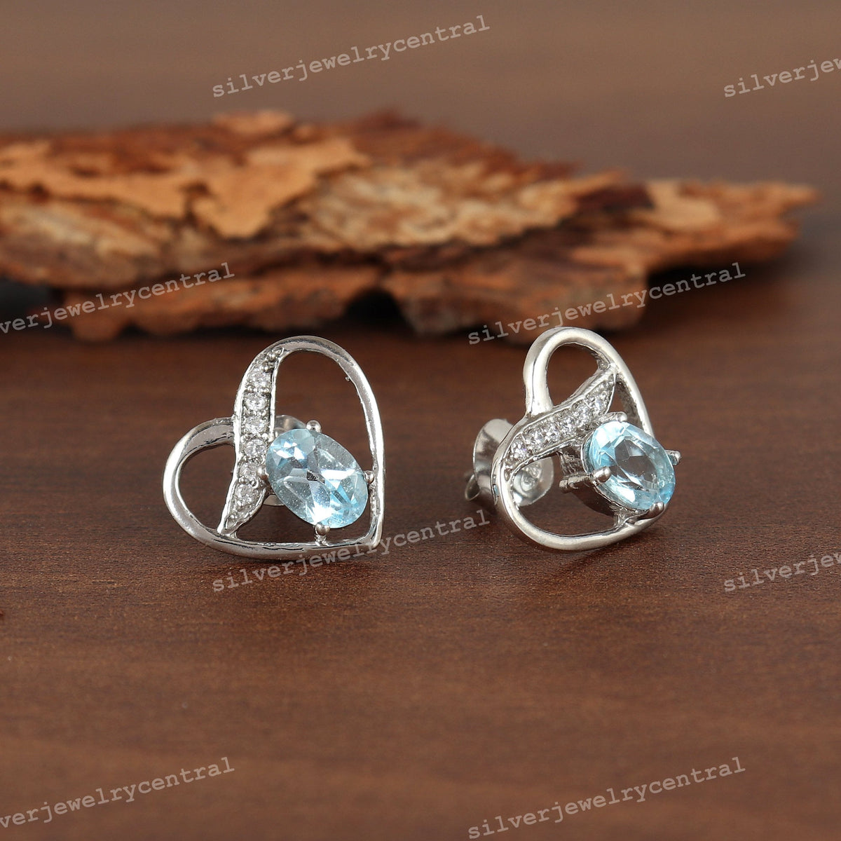 Sterling Silver Blue Topaz Heart Stud Earrings, December Birthstone Jewelry