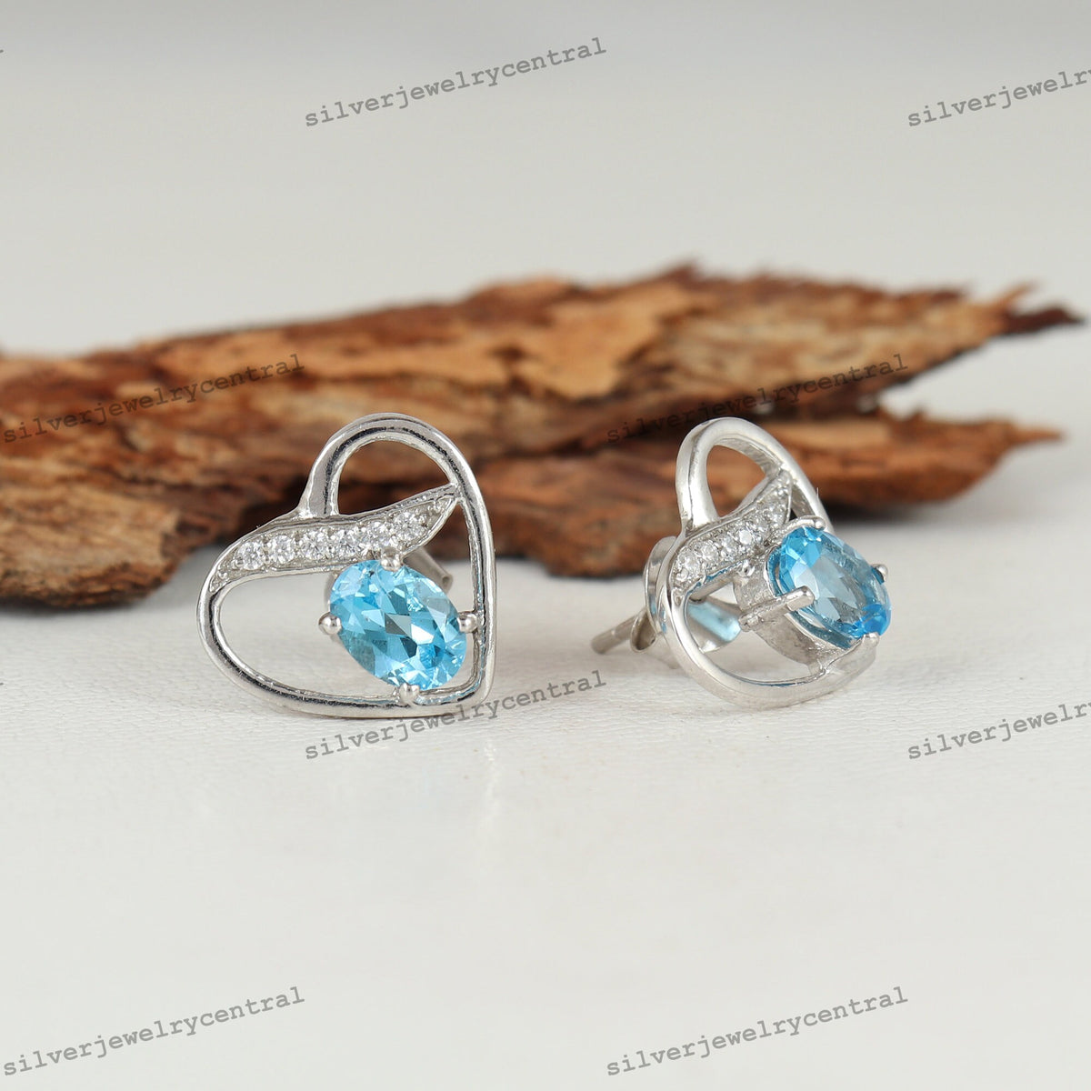 Sterling Silver Blue Topaz Heart Stud Earrings, December Birthstone Jewelry