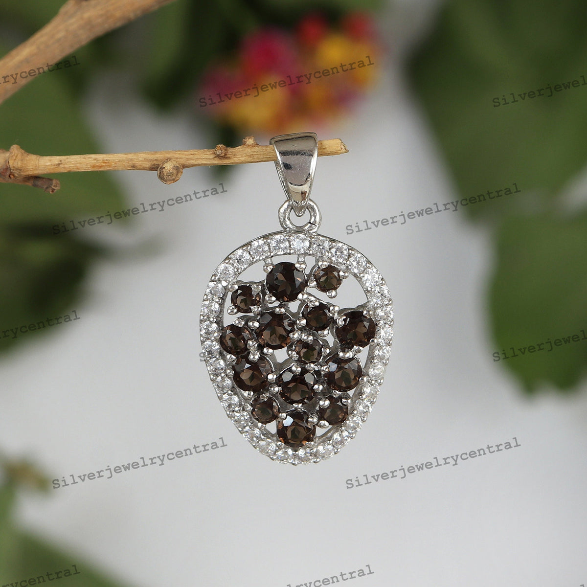 Smoky Quartz Pendant-925 Sterling Silver Chain-November Birthstone-Smoky Quartz Jewelry-Cluster Pendant-Wedding Gift-Women's Pendant