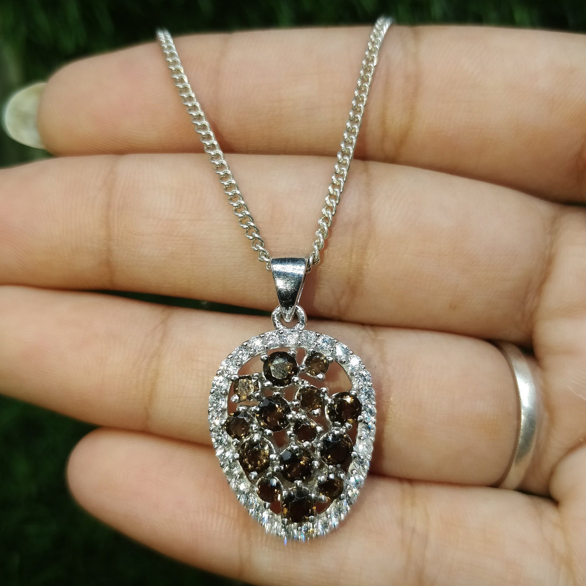 Smoky Quartz Pendant-925 Sterling Silver Chain-November Birthstone-Smoky Quartz Jewelry-Cluster Pendant-Wedding Gift-Women's Pendant