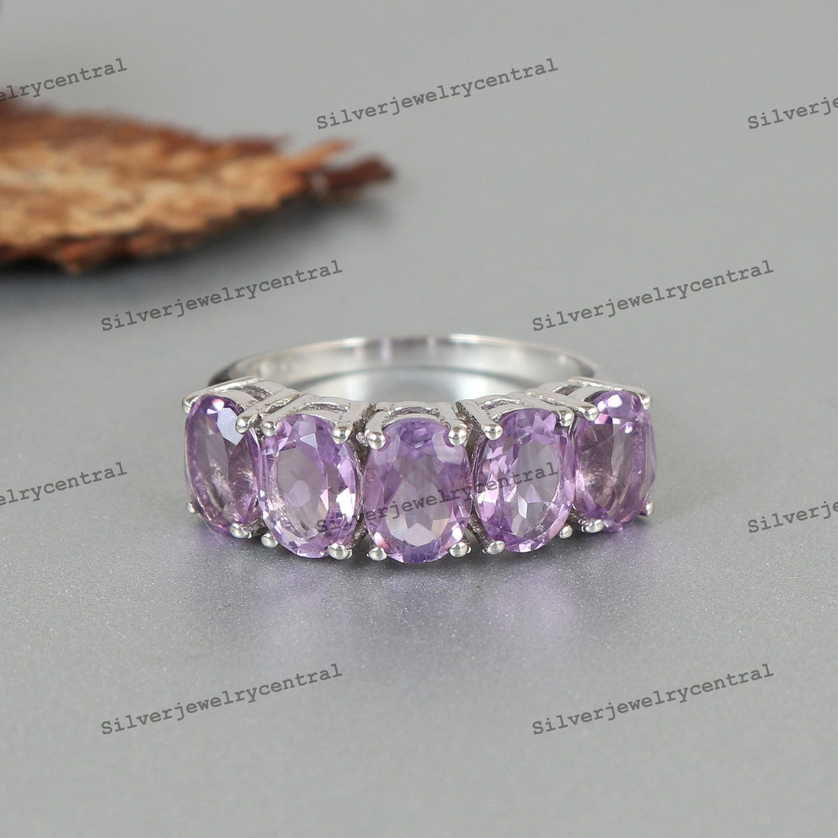 Amethyst Sterling Silver Ring: February Birthstone Oval Half Eternity Band