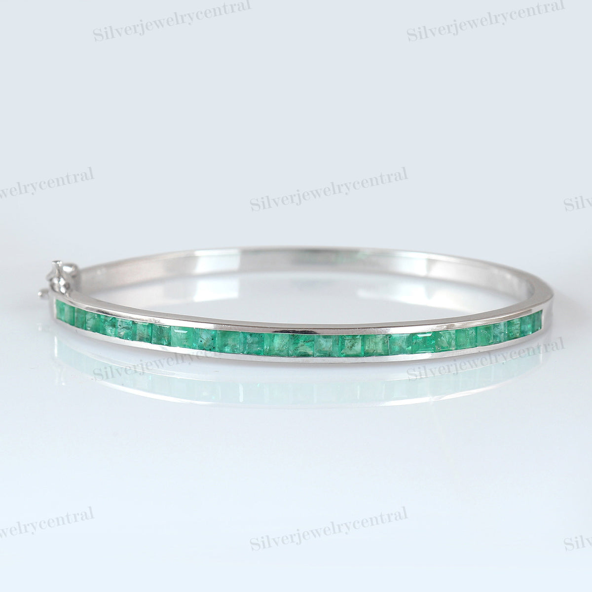 Natural Emerald Bangle, Square Gemstone Sterling Silver Jewelry, May Birthstone