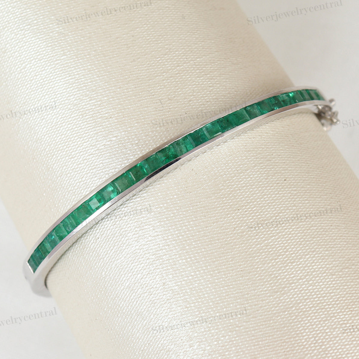 Natural Emerald Bangle, Square Gemstone Sterling Silver Jewelry, May Birthstone