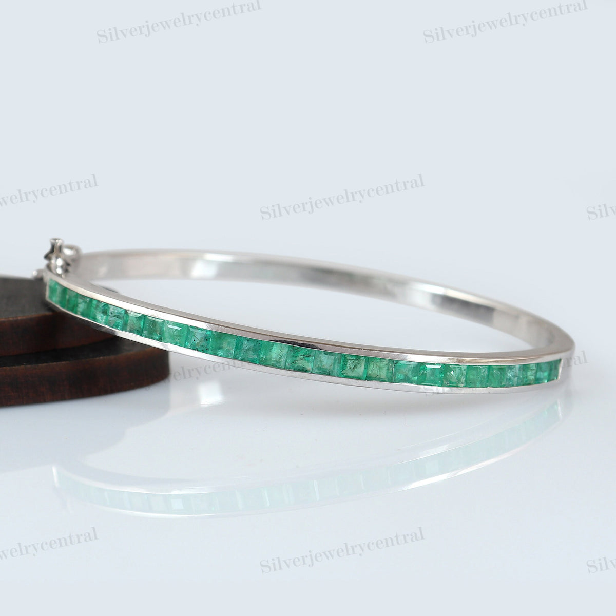 Natural Emerald Bangle, Square Gemstone Sterling Silver Jewelry, May Birthstone