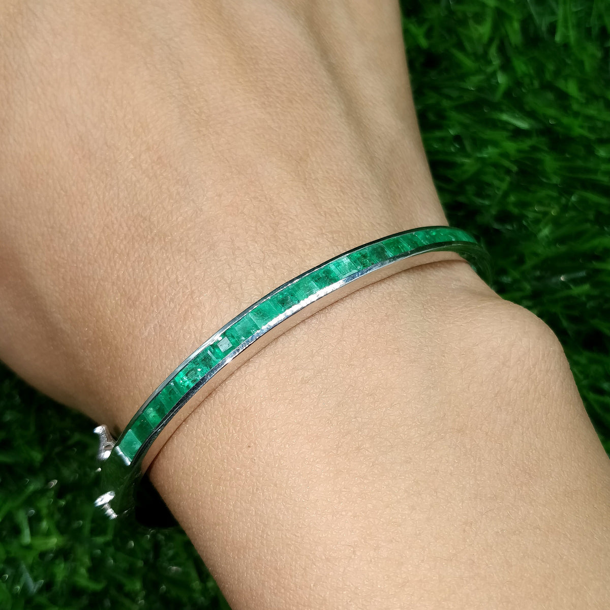 Natural Emerald Bangle, Square Gemstone Sterling Silver Jewelry, May Birthstone