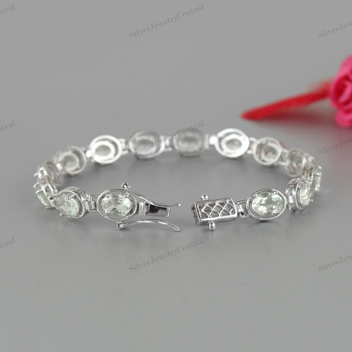 Natural Green Amethyst Gemstone Bracelet Oval Cut Sterling Silver Handmade Vintage Jewelry
