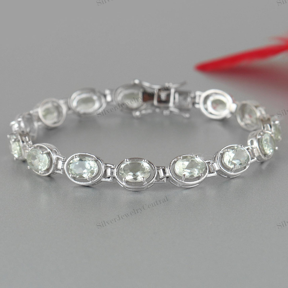 Natural Green Amethyst Gemstone Bracelet Oval Cut Sterling Silver Handmade Vintage Jewelry