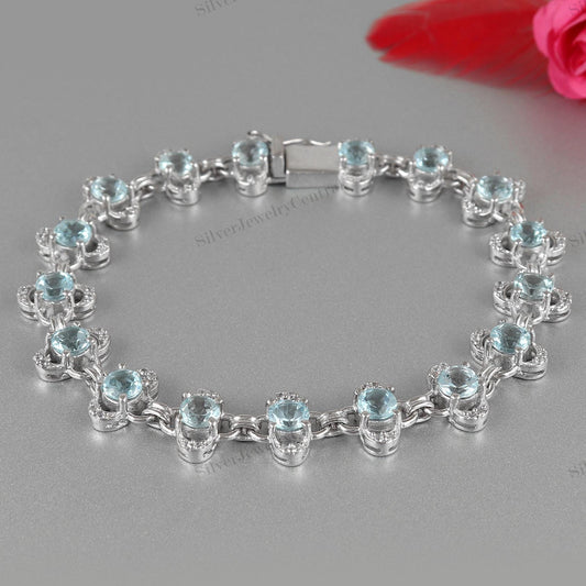 Blue Topaz Gemstone Tennis Bracelet Sterling Silver Handmade Clover Design Jewelry Gifts For Her