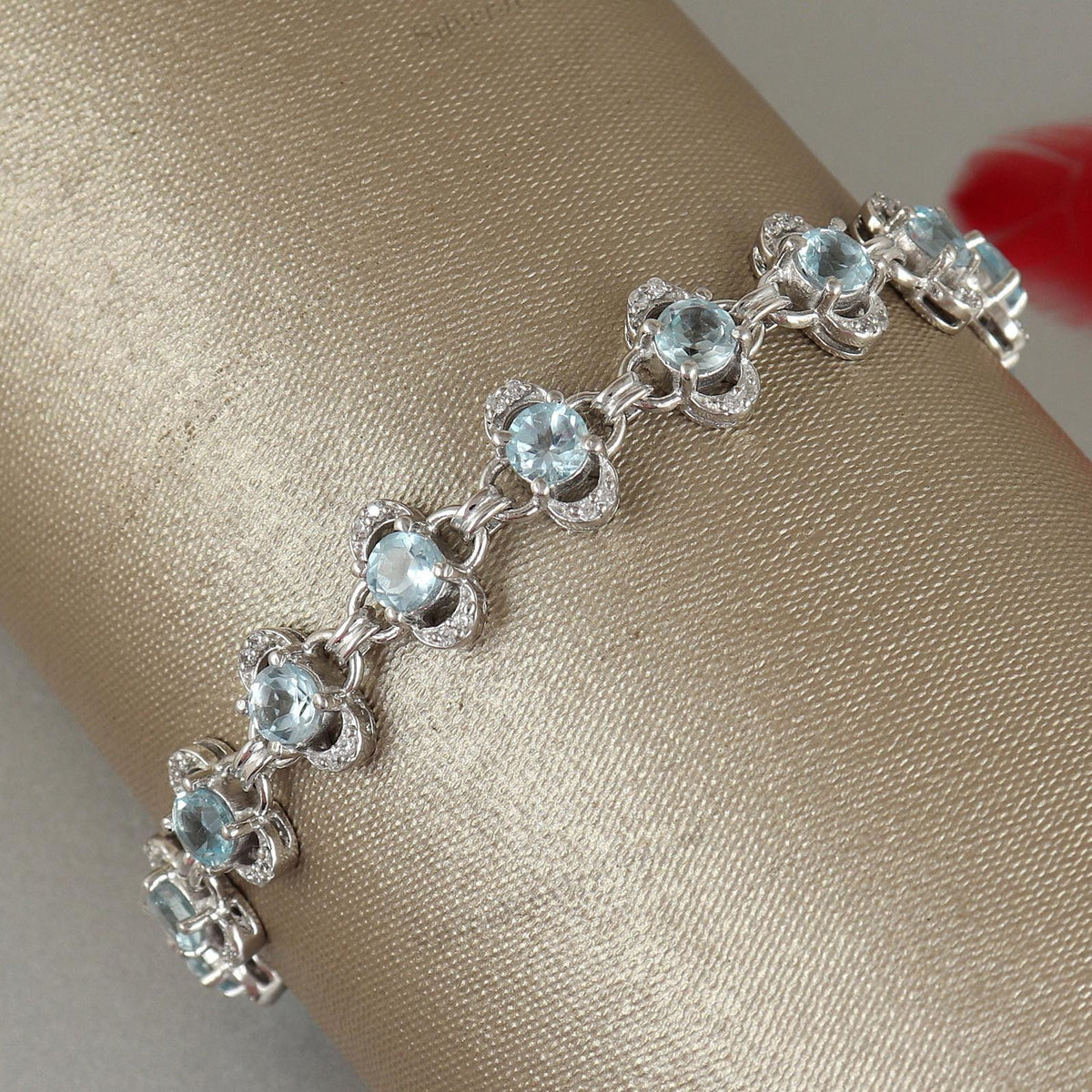 Blue Topaz Gemstone Tennis Bracelet Sterling Silver Handmade Clover Design Jewelry Gifts For Her