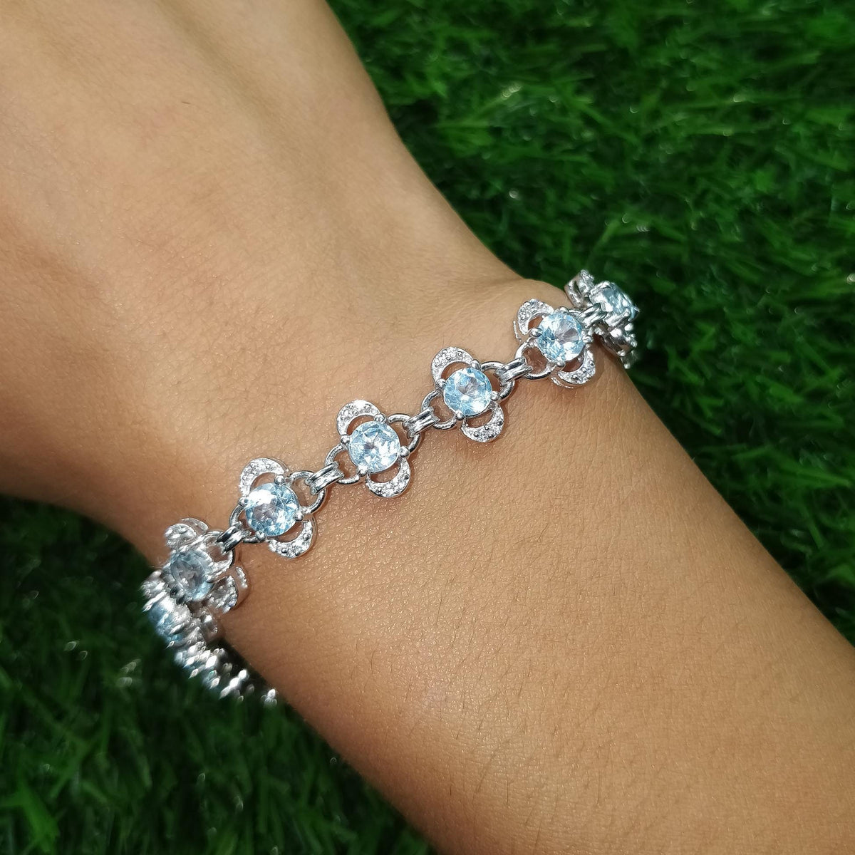 Blue Topaz Gemstone Tennis Bracelet Sterling Silver Handmade Clover Design Jewelry Gifts For Her
