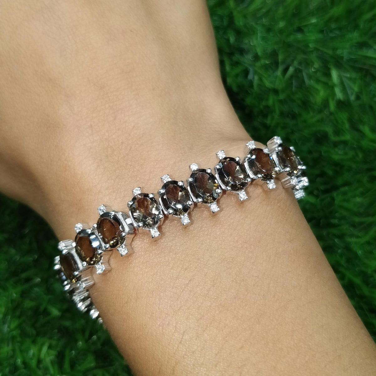 Natural Smoky Quartz Oval Tennis Bracelet, Sterling Silver, Brown Gemstone Jewelry