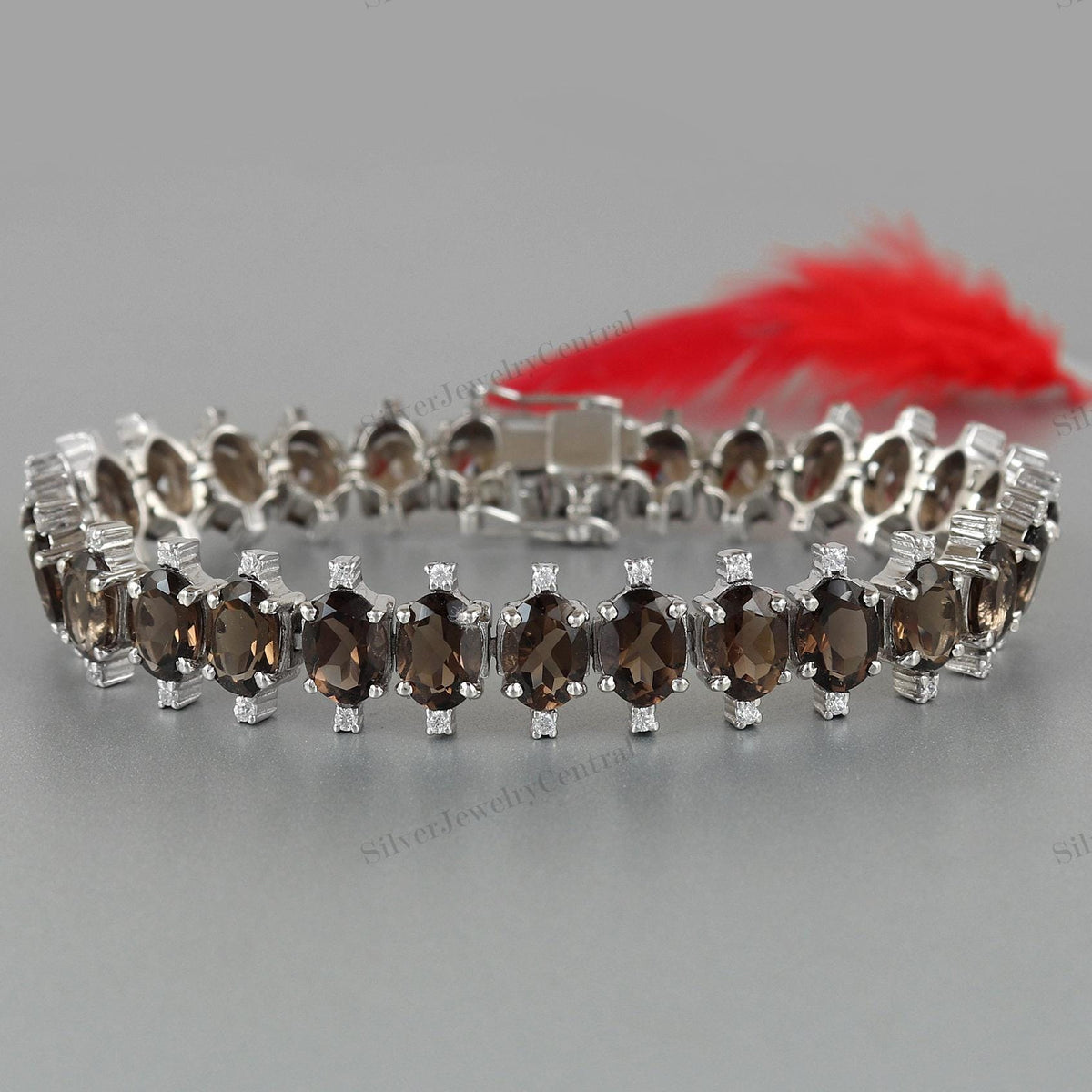 Natural Smoky Quartz Oval Tennis Bracelet, Sterling Silver, Brown Gemstone Jewelry
