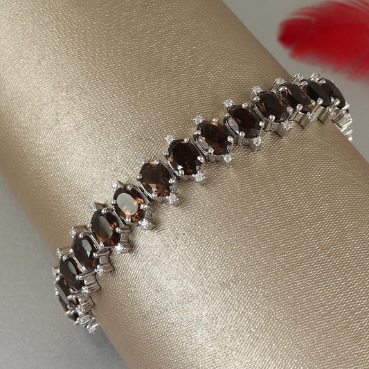 Natural Smoky Quartz Oval Tennis Bracelet, Sterling Silver, Brown Gemstone Jewelry