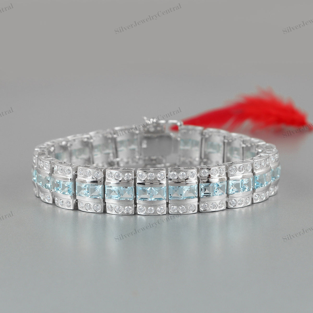 Sterling Silver Blue Topaz Tennis Bracelet, Square Cut Gemstone, December Birthstone