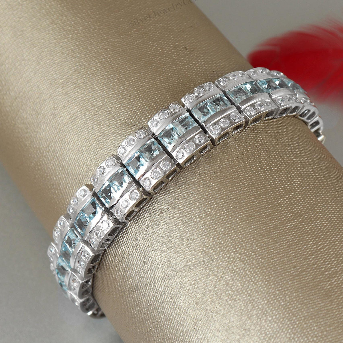 Sterling Silver Blue Topaz Tennis Bracelet, Square Cut Gemstone, December Birthstone