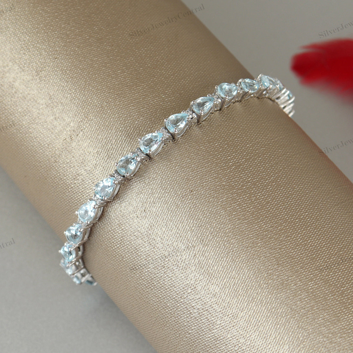 Elegant Blue Topaz Gemstone 925 Sterling Silver Bracelet Pear Cut Handmade Anniversary Jewelry