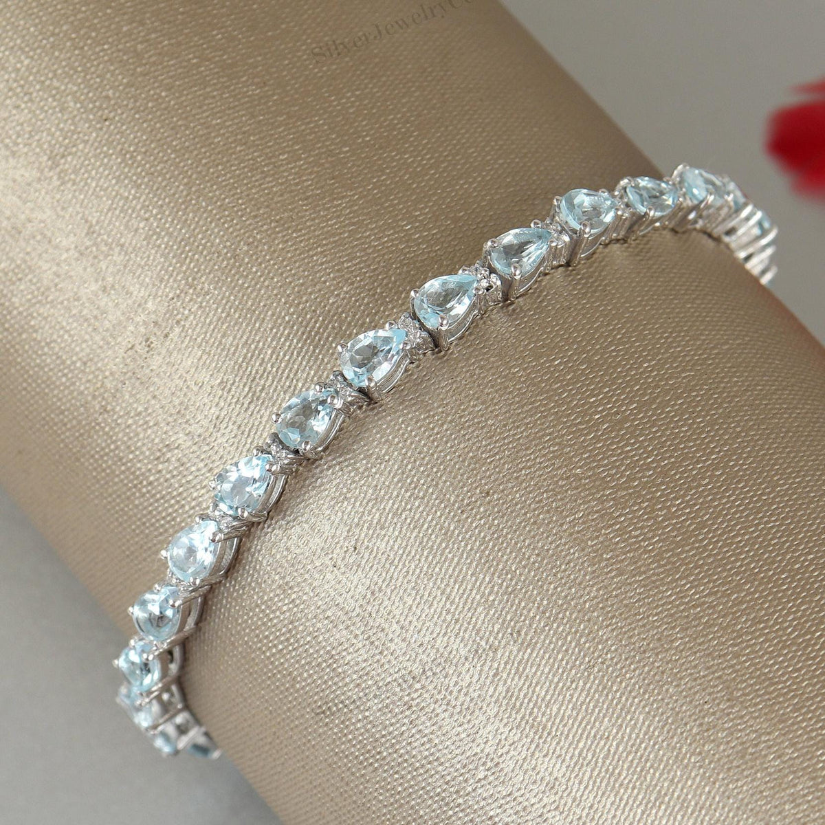 Elegant Blue Topaz Gemstone 925 Sterling Silver Bracelet Pear Cut Handmade Anniversary Jewelry