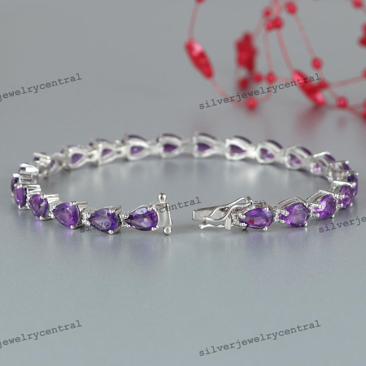 Natural Amethyst Tennis Bracelet-Sterling Silver-Pear Gemstone-February Birthstone